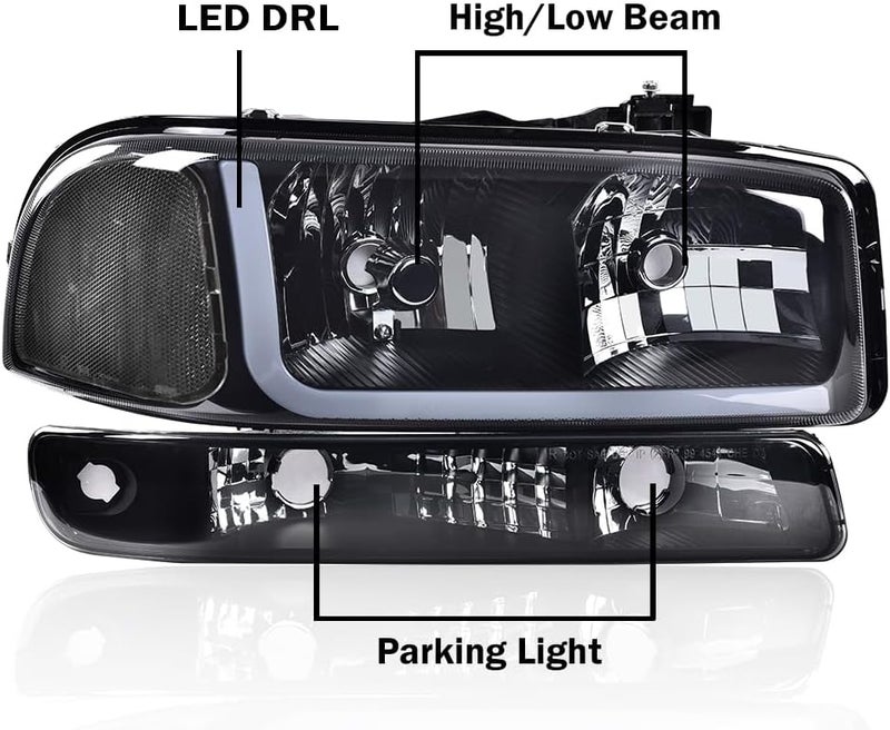 PIT66 LED DRL BAR Headlights Assembly, Compatible with 1999-2006 GMC Sierra /2000-2006 GMC Yukon, Headlamps Smoky Lens Black Housing Clear Reflector - Image 3